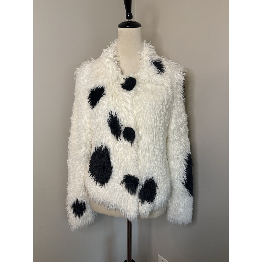 VTG Michael Simon Dalmatian Cow Print Shaggy Sweater Jacket White Black Size 1 S